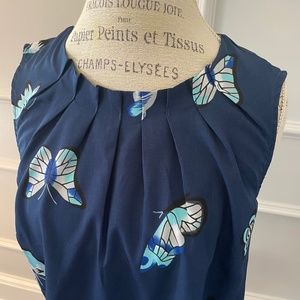 🦋 Dark blue sleeveless blouse top tank with mint teal white butterflies